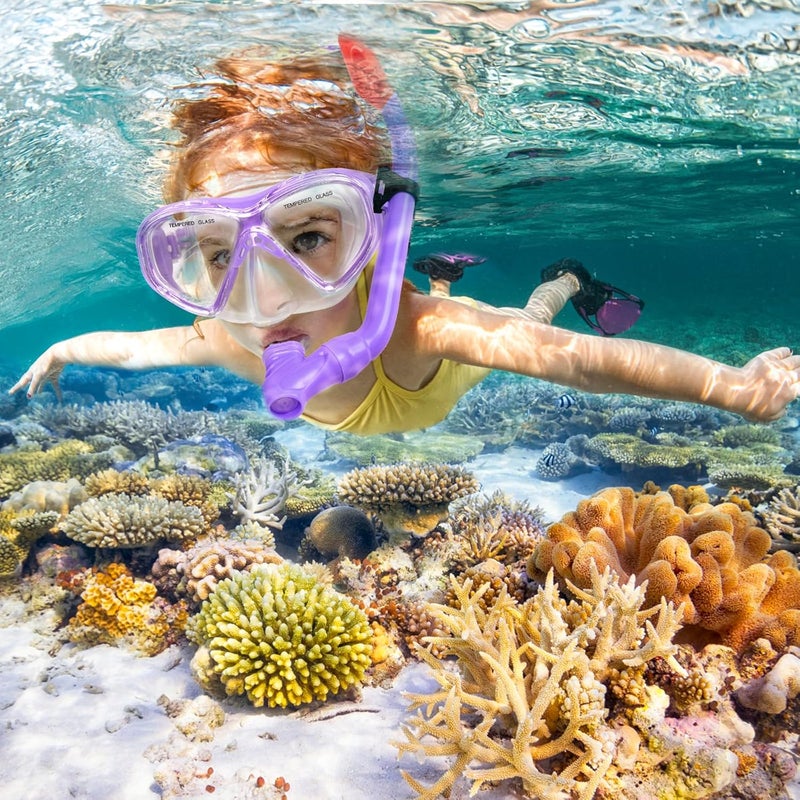 ACQCES 2 Sets Snorkeling Gear for Kids, Kids Snorkel Set for Ages 6-14, Dry Top Snorkel Mask Set for Youth Boys Girls Junior, Tempered Glass Diving Swimming Mask Goggles - Image 2